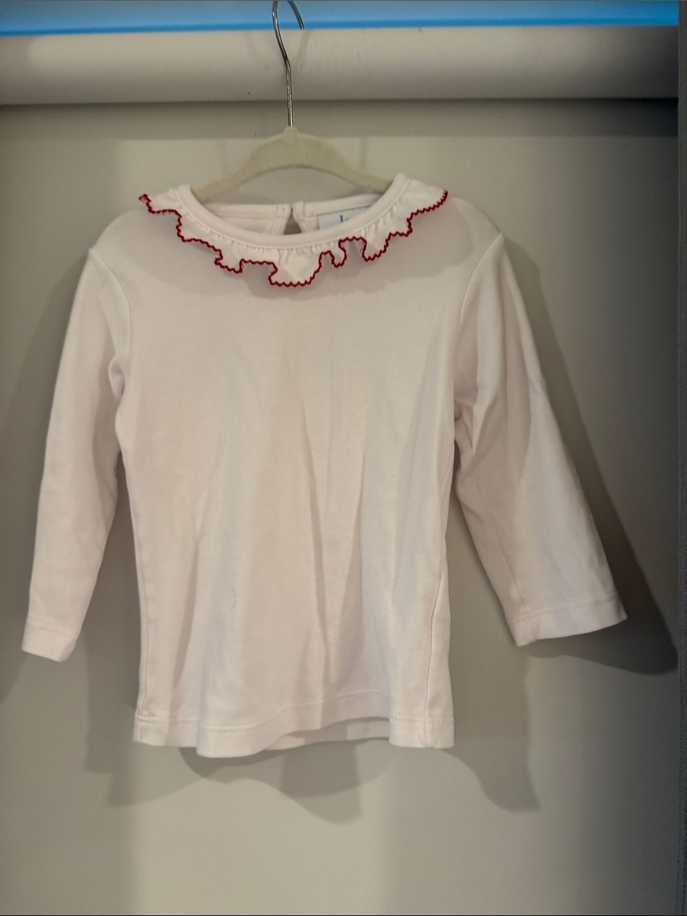 Little English White Long-Sleeve Top with Red Ruffle Neck